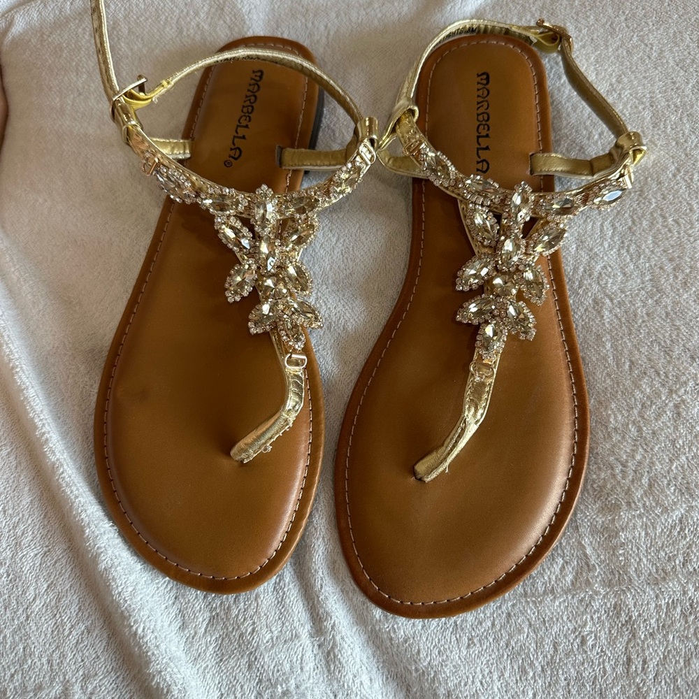 MARELLA Gold and Brown Sandals with Crystal Embellishments